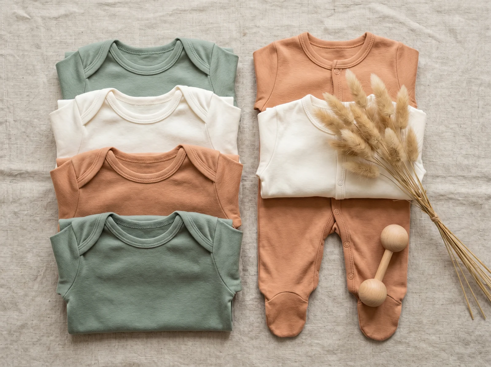 Folded organic cotton baby bodysuits and rompers in sage, cream, and terracotta