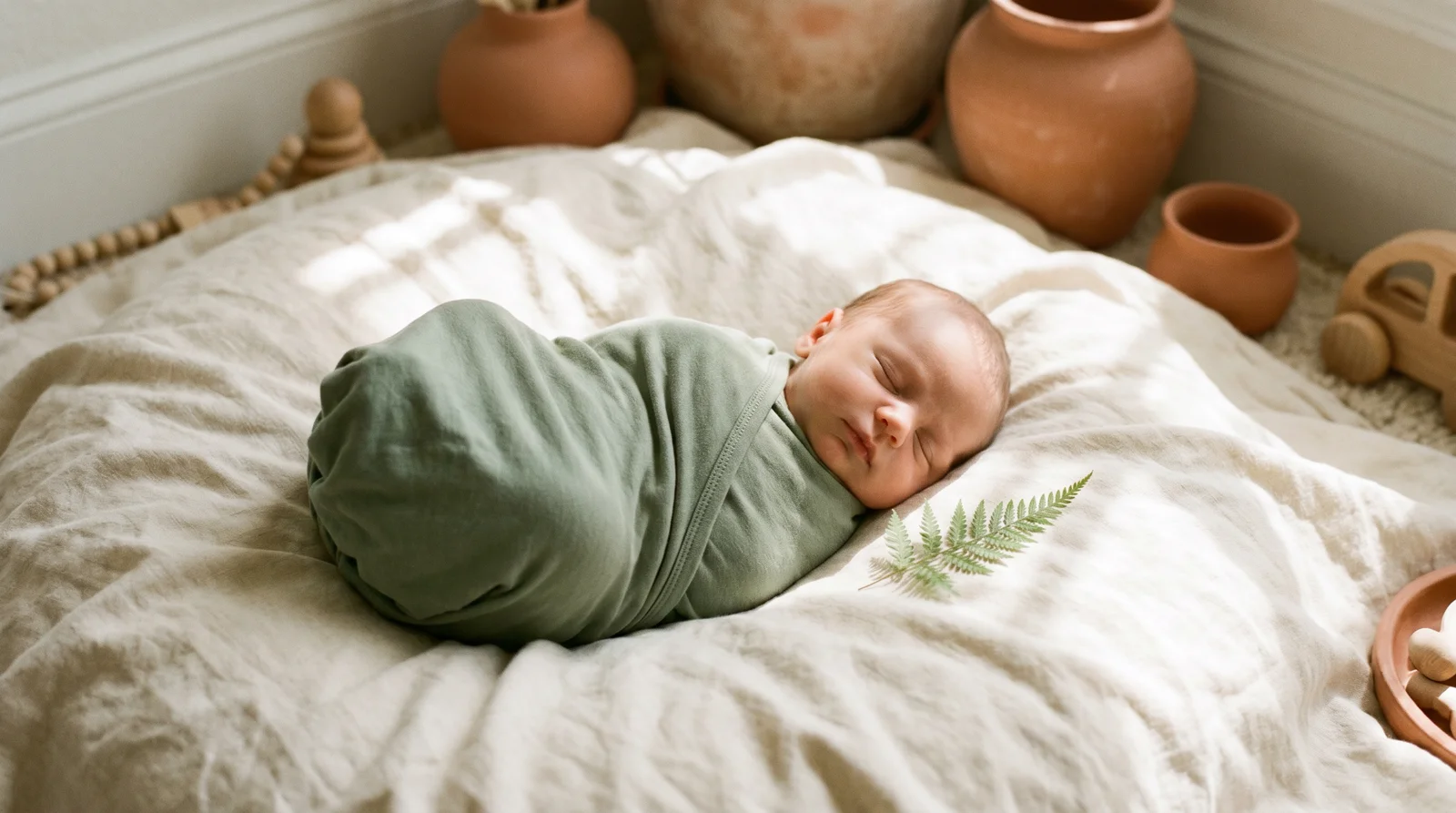 Sleeping newborn wrapped in a sage green organic cotton swaddle