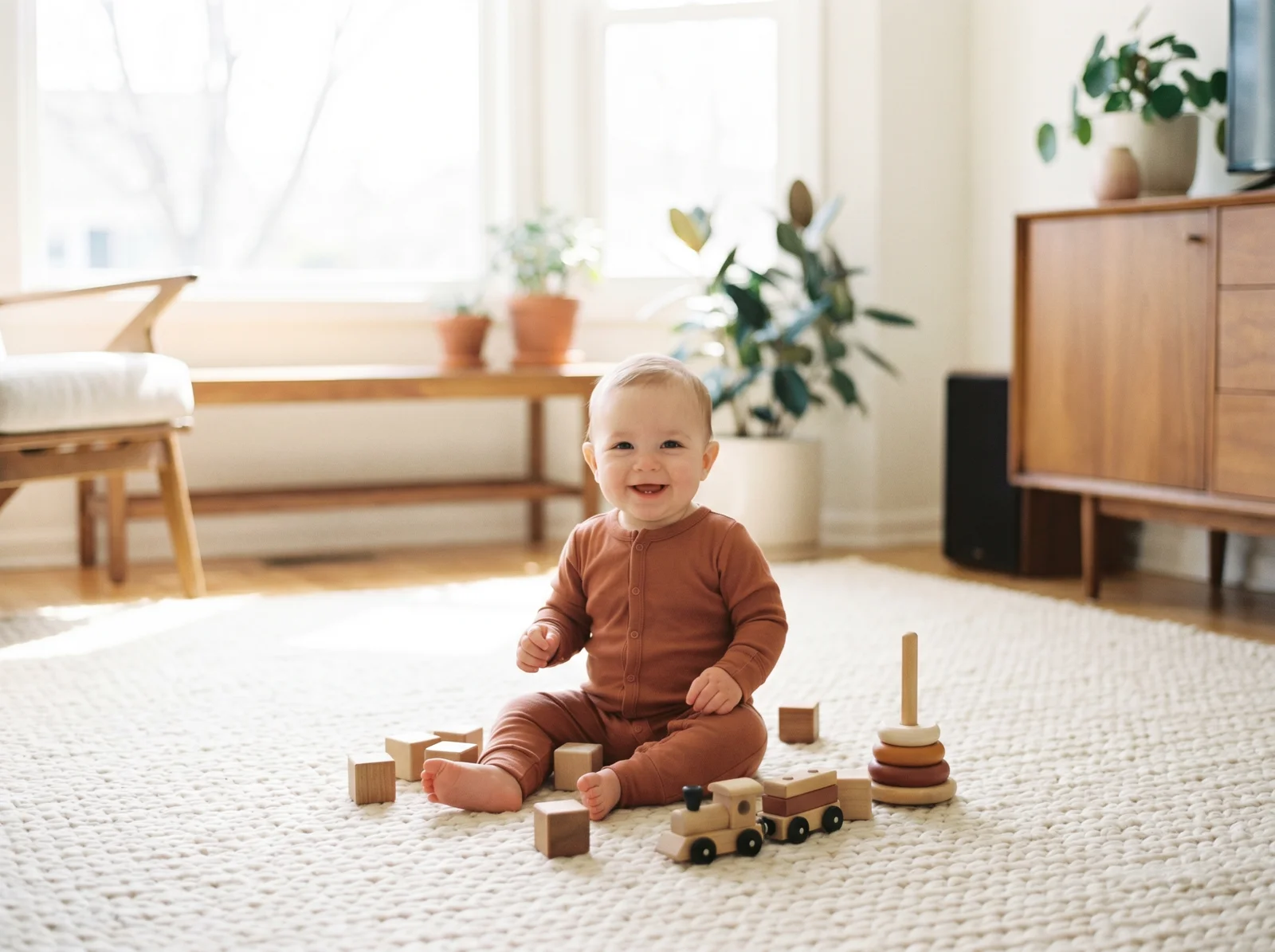 Smiling baby sitting in a terracotta organic cotton overall surrounded by wooden toys